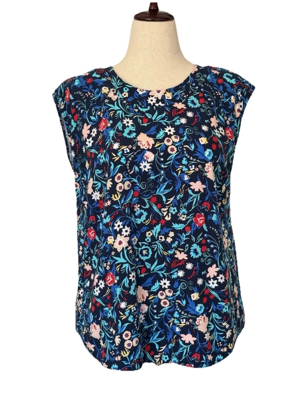 Talbots Women’s Small Floral Sleeveless Blouse Navy Blue Summer Keyhole Back Top